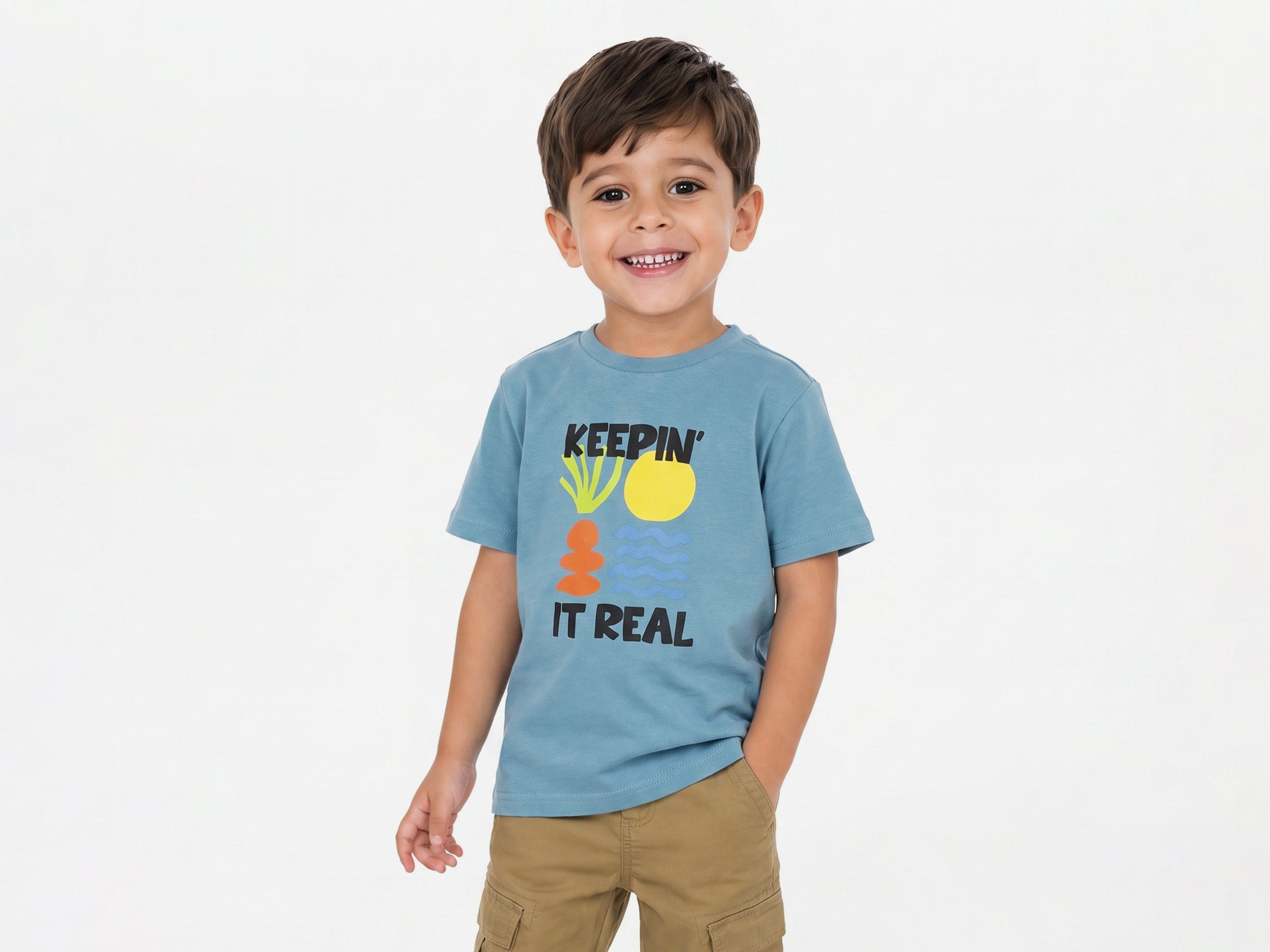 Boys Sea Blue Relaxed-Fit 100% Cotton Casual T-Shirt