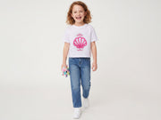 Girls White 100% Cotton Seashell Cropped T-Shirt with Laser Cut-Out