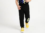 Boys Black Cotton Blend Front-Opening Branding Trackpants