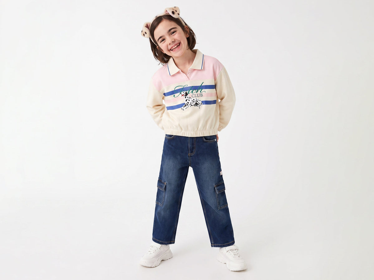 Girls Off White Cotton Blend Fetch Club Striped Polo Sweatshirt