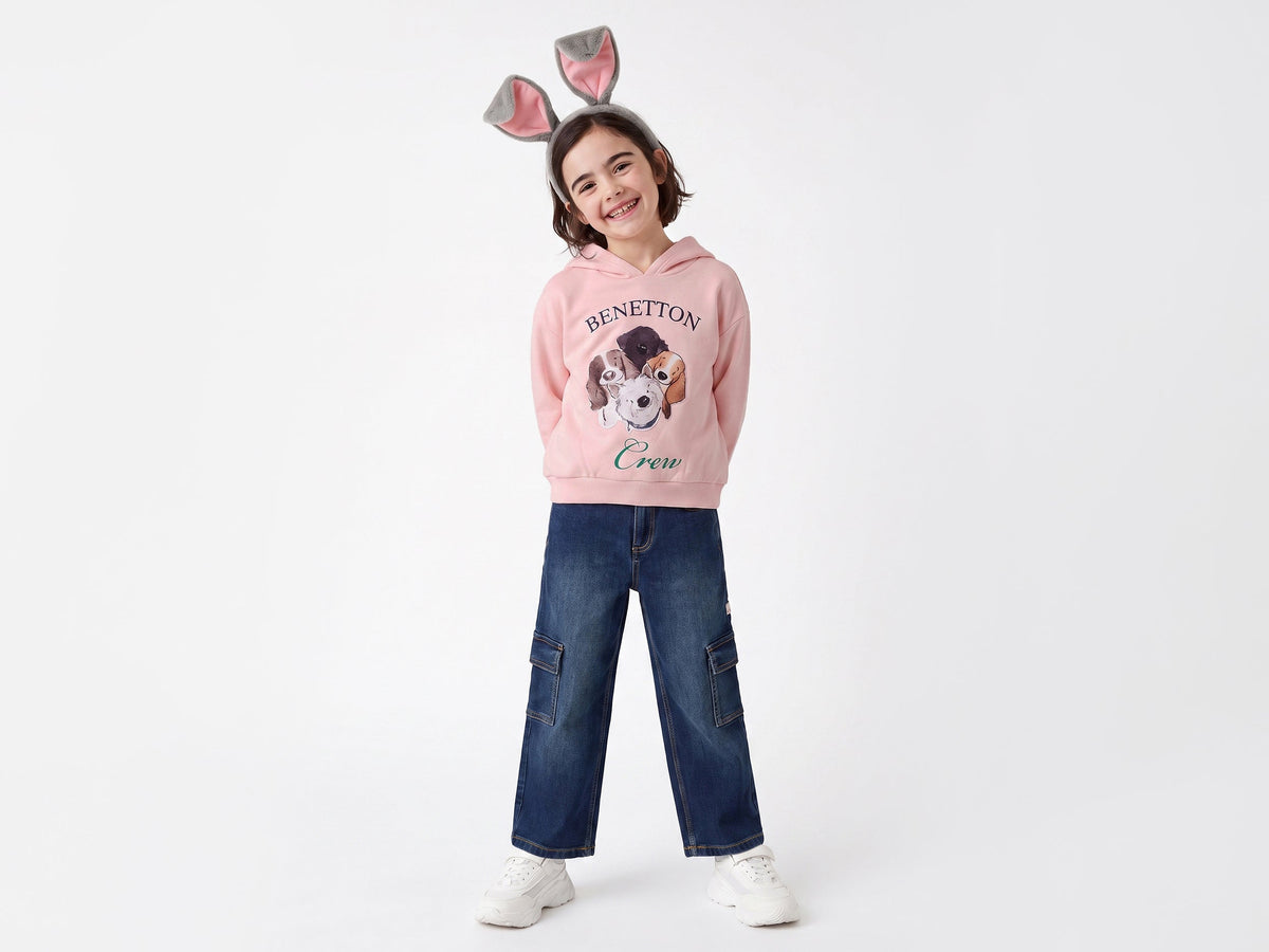 Girls Pink Cotton Blend Benetton Crew Dog Fur Applique Hoodie