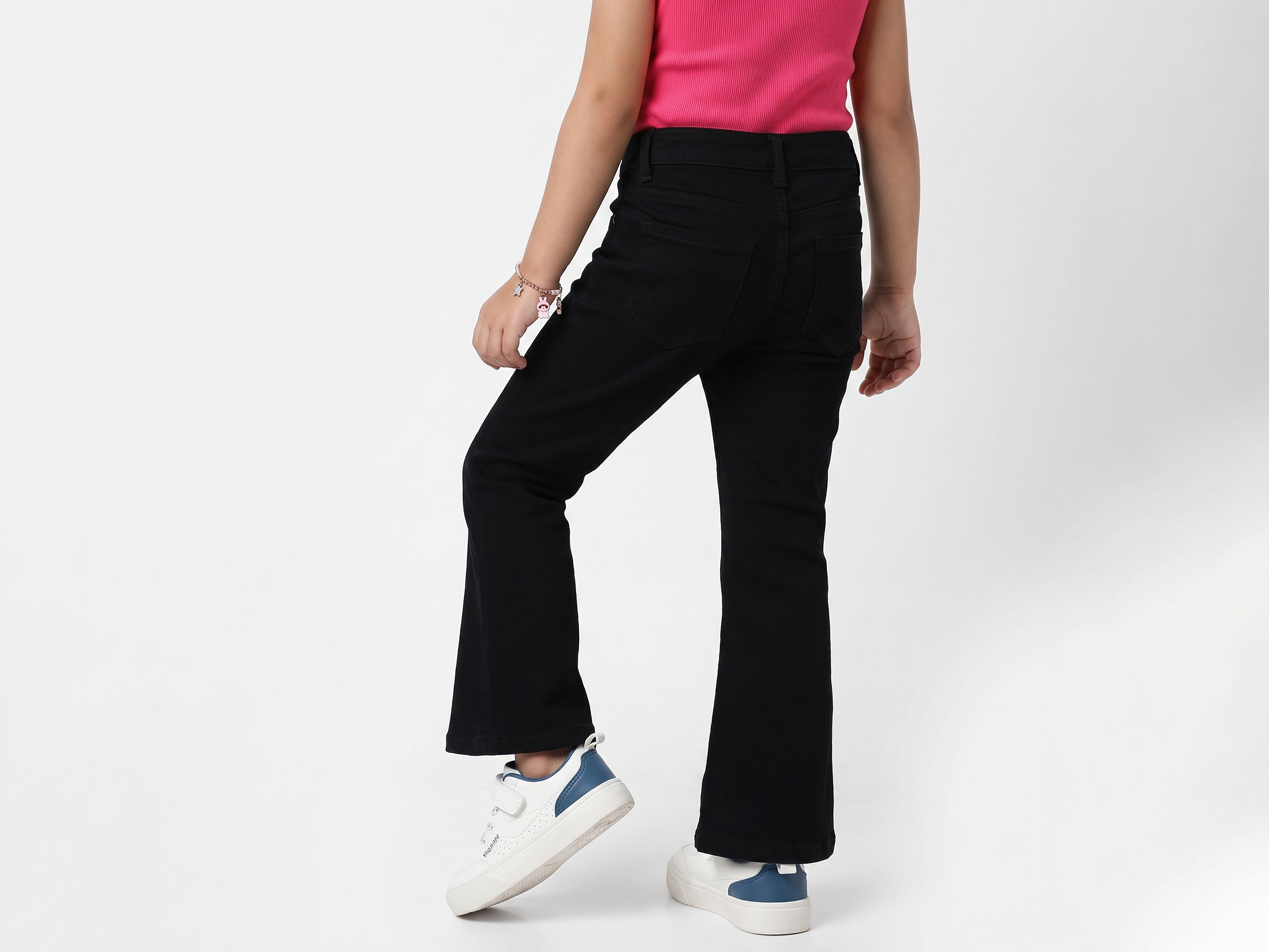 Girls Black Cotton Blend Bootcut Denim Trousers