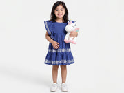 Girls Blue 100% Cotton Flared Dress with Border Embroidery