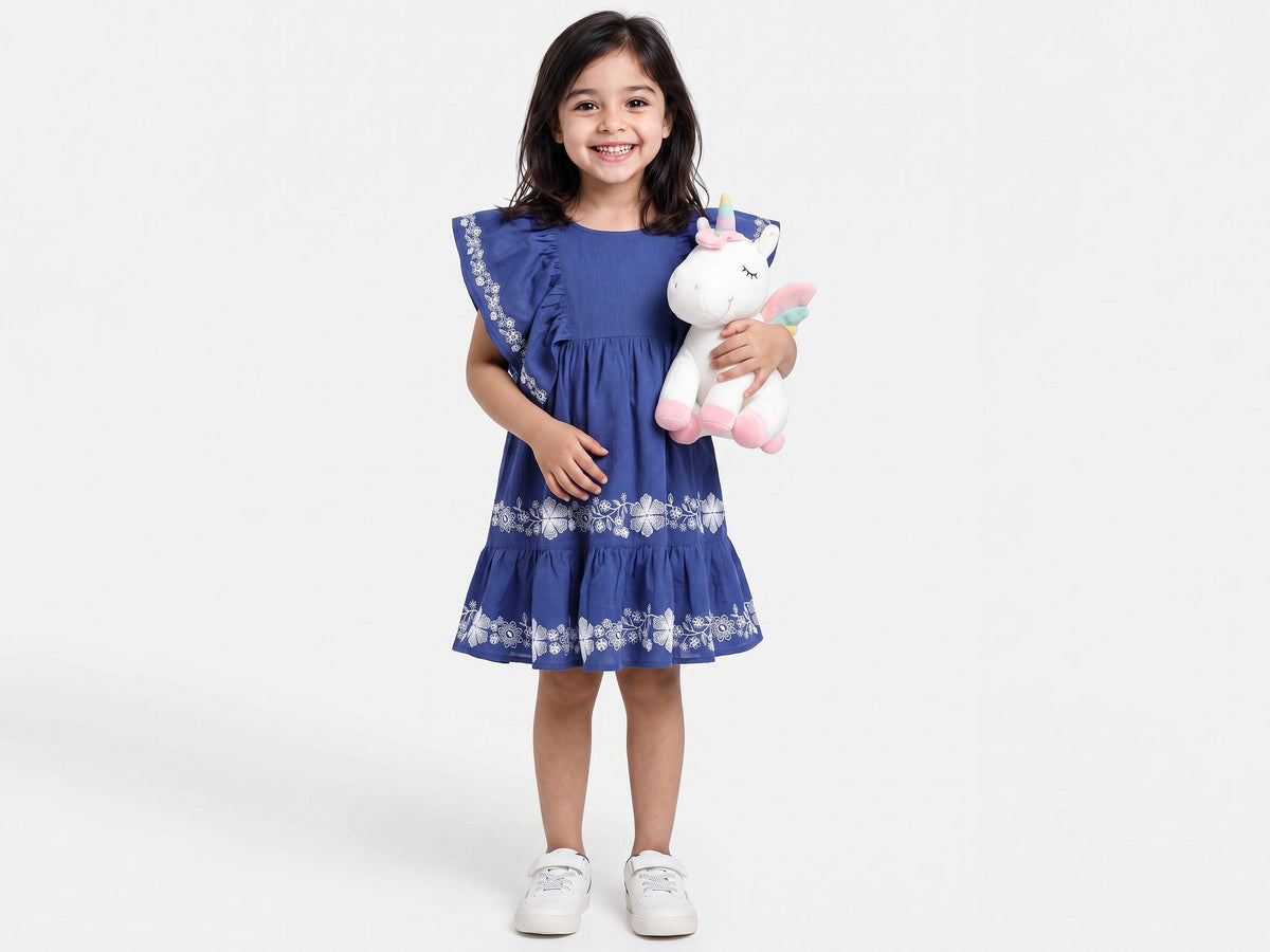 Girls Blue 100% Cotton Flared Dress with Border Embroidery