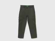 Boys Olive 100% Cotton Cargo Trousers with Diagonal Pockets