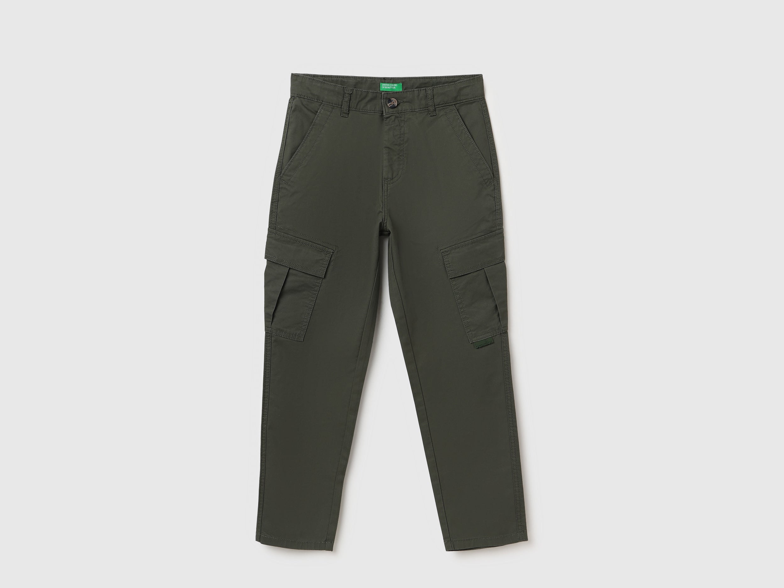 Boys Olive 100% Cotton Cargo Trousers with Diagonal Pockets