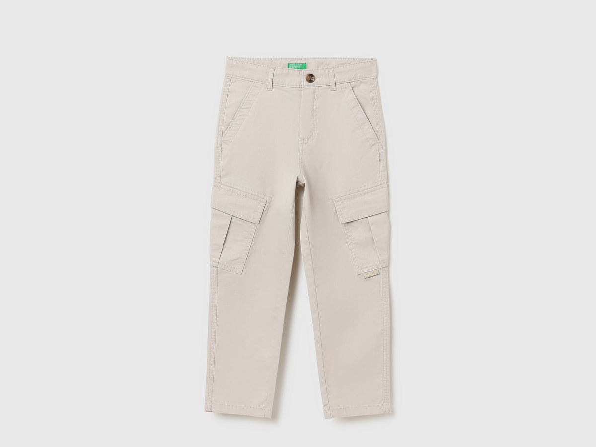 Boys Stone 100% Cotton Cargo Trousers with Diagonal Pockets