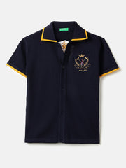 Boys Navy Jacquard Pattern Cotton Polo Neck Shirt with Short Sleeves