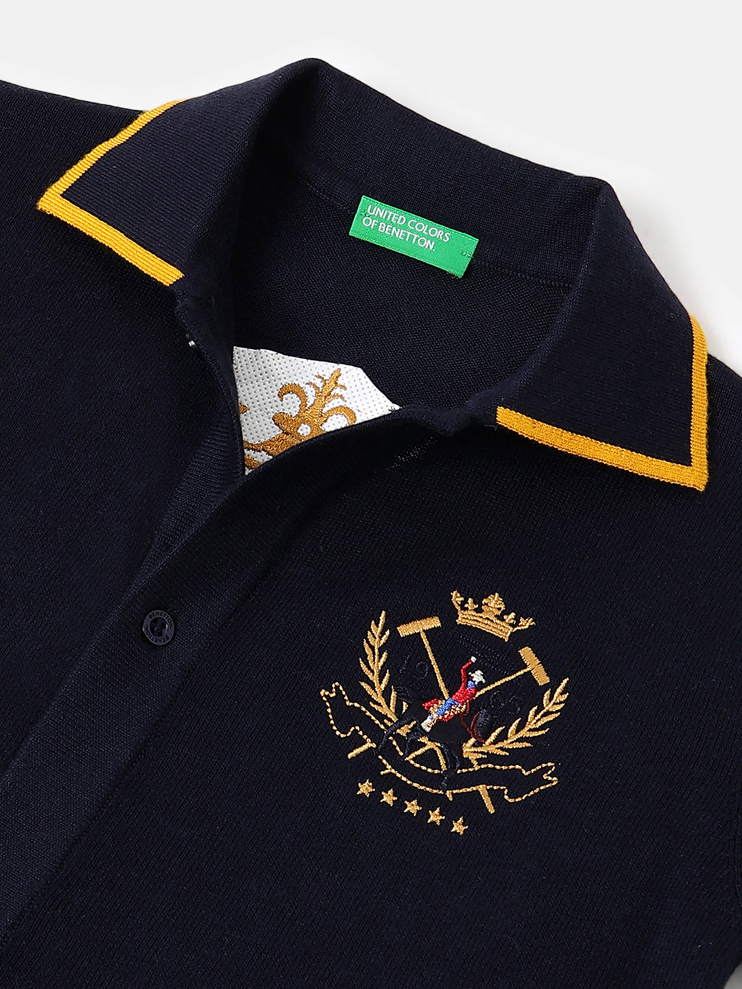 Boys Navy Jacquard Pattern Cotton Polo Neck Shirt with Short Sleeves