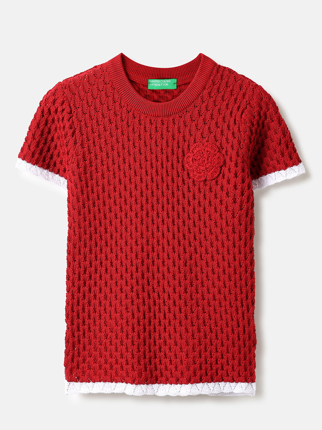 Girls Red Pointelle Cotton Top with Crochet Flower