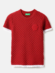 Girls Red Pointelle Cotton Top with Crochet Flower