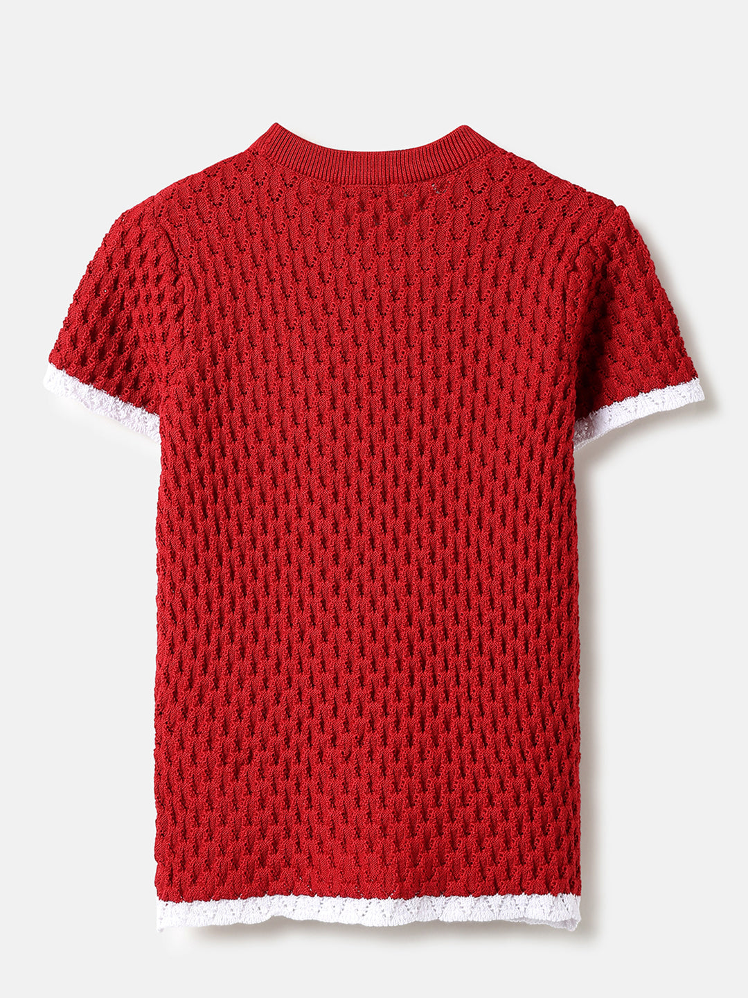Girls Red Pointelle Cotton Top with Crochet Flower