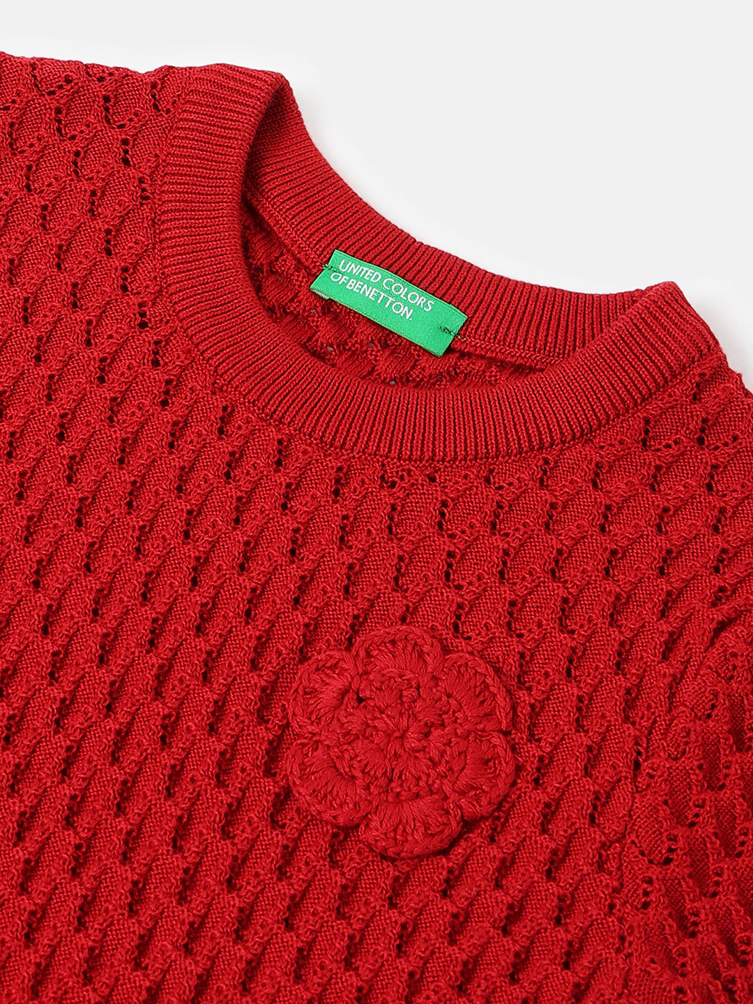 Girls Red Pointelle Cotton Top with Crochet Flower