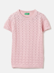 Girls Light Pink Cotton Pointelle Tee – Regular Fit