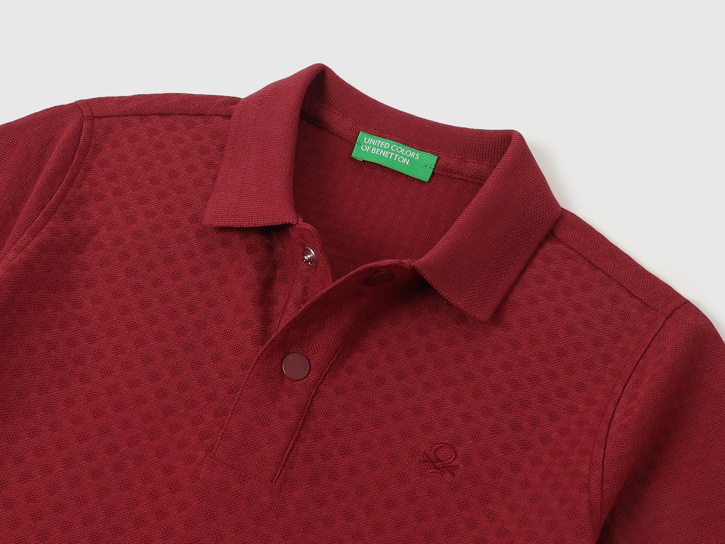 Boys Maroon Patterned Cotton Blend Regular Fit Polo Shirt with Snap Buttons