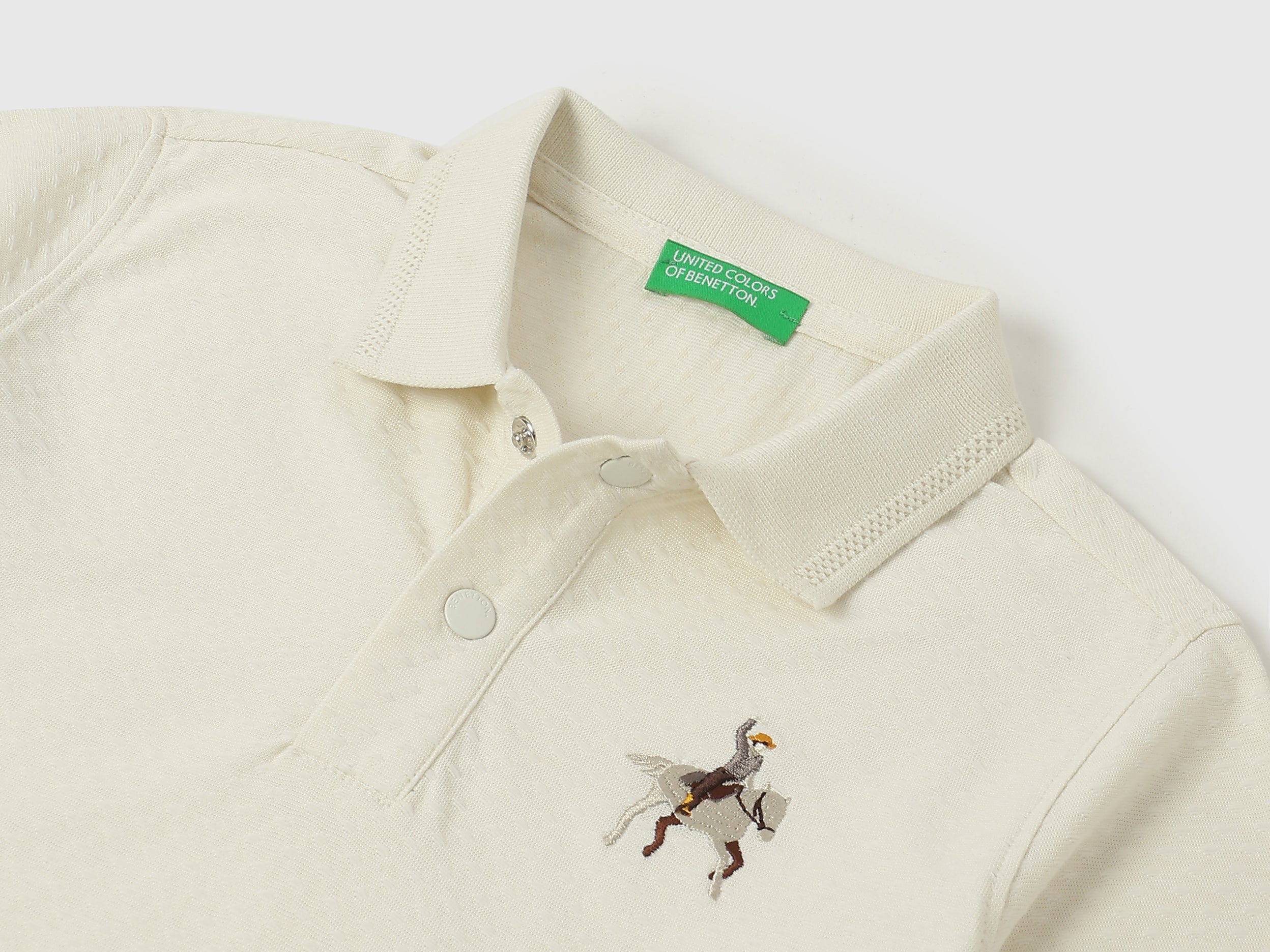 Boys Off White Patterned Cotton Blend Regular Fit Zipper Polo Shirt with Horse Embroidery