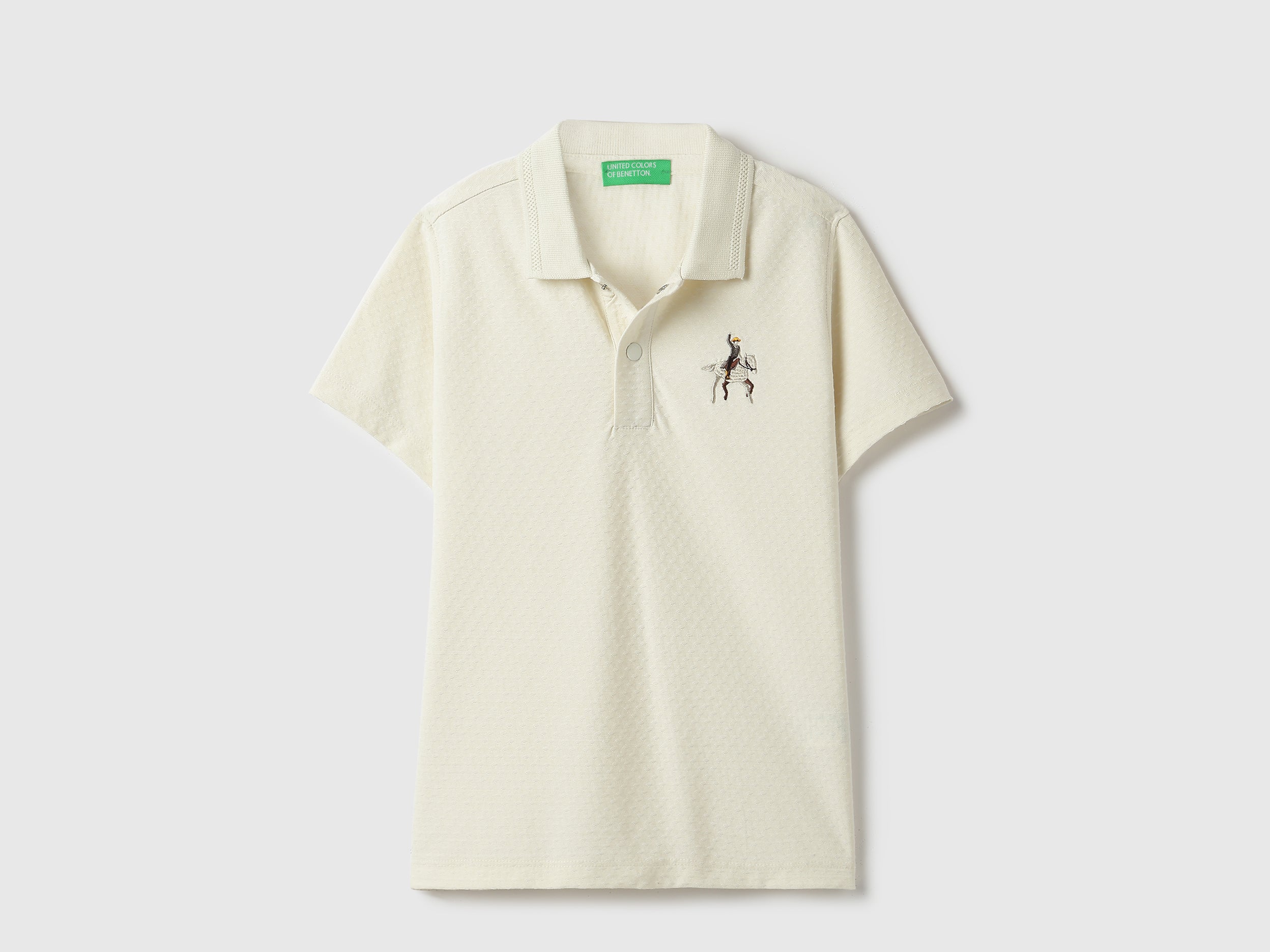 Boys Off White Patterned Cotton Blend Regular Fit Zipper Polo Shirt with Horse Embroidery
