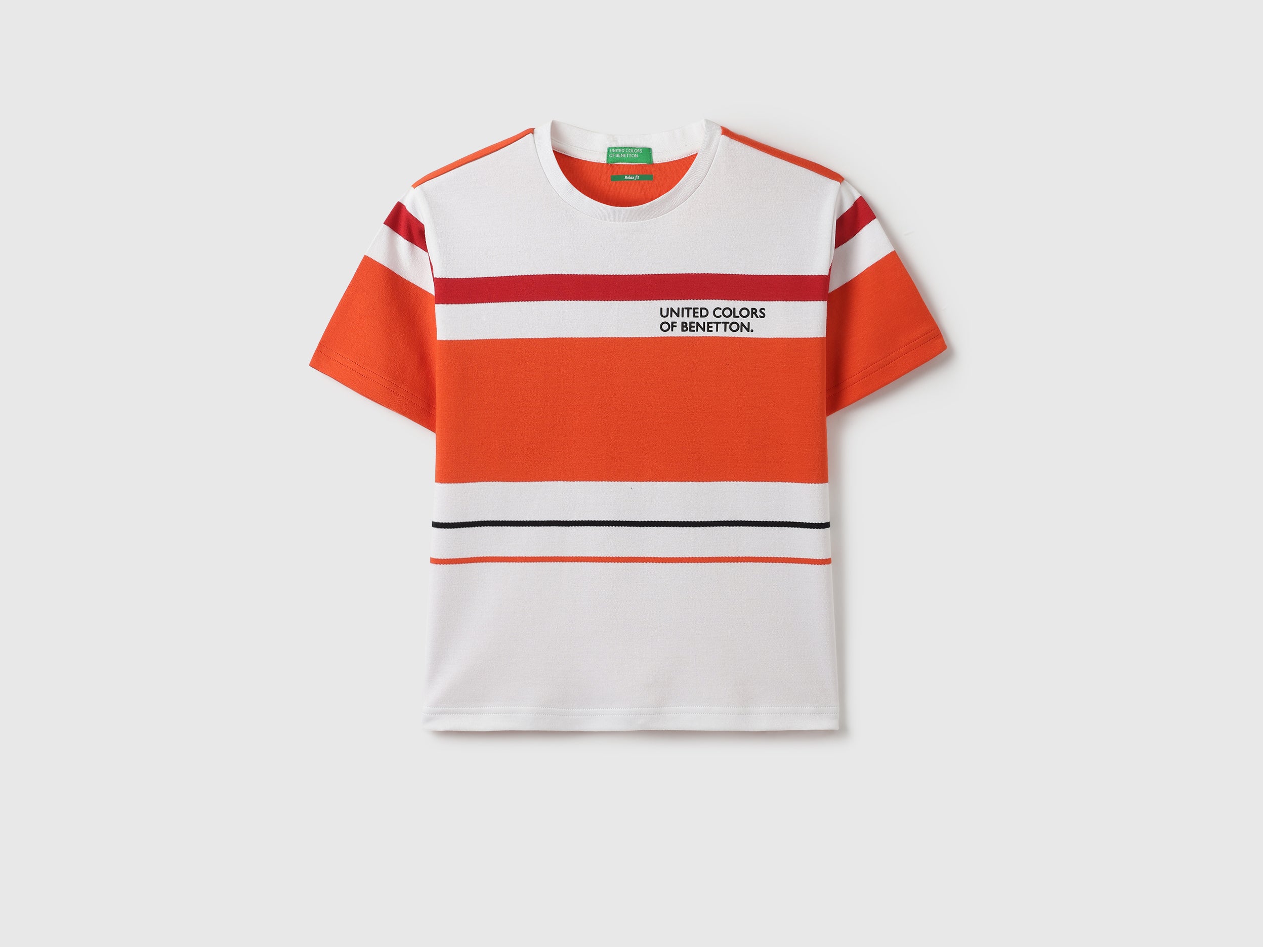 Boys Red Cotton Relaxed Fit Striped T Shirt with Back Print