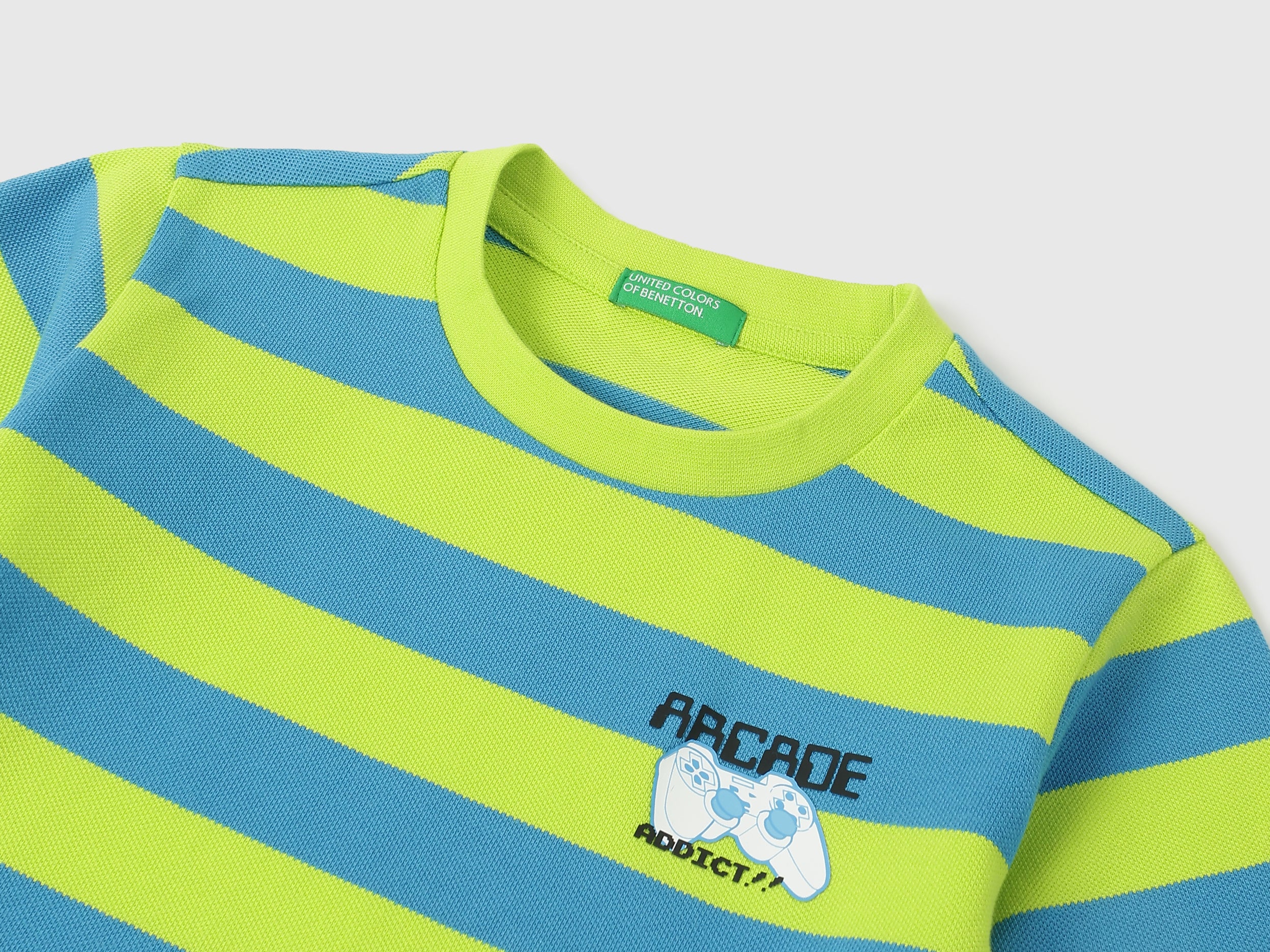 Boys Green Blue Cotton Broad Stripe T Shirt