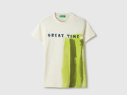 Boys Off White Pique Tee with Brush Stroke