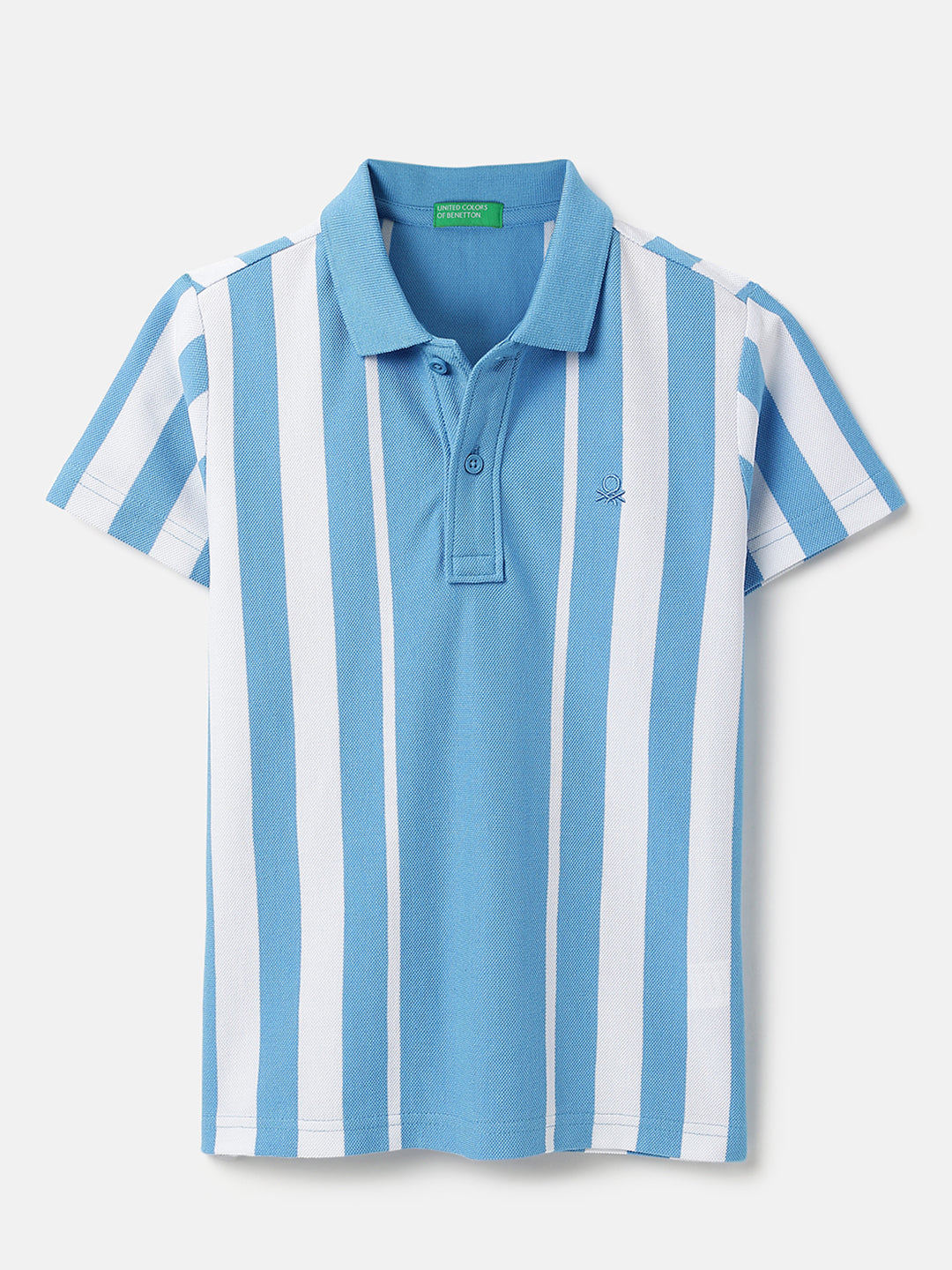 Boys Fresh Blue Cotton Vertical Stripe Polo Shirt