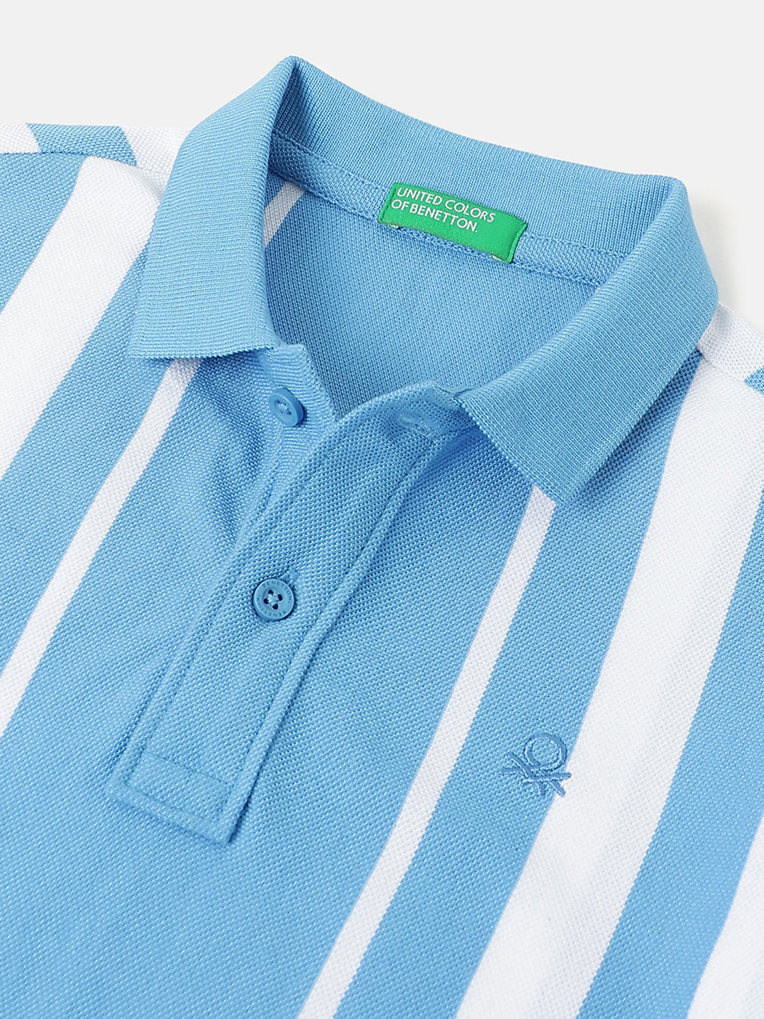 Boys Fresh Blue Cotton Vertical Stripe Polo Shirt