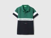 Boys Emerald Green Solid Cotton Regular Fit Horizontal Cut and Sew Polo with HD Transfer