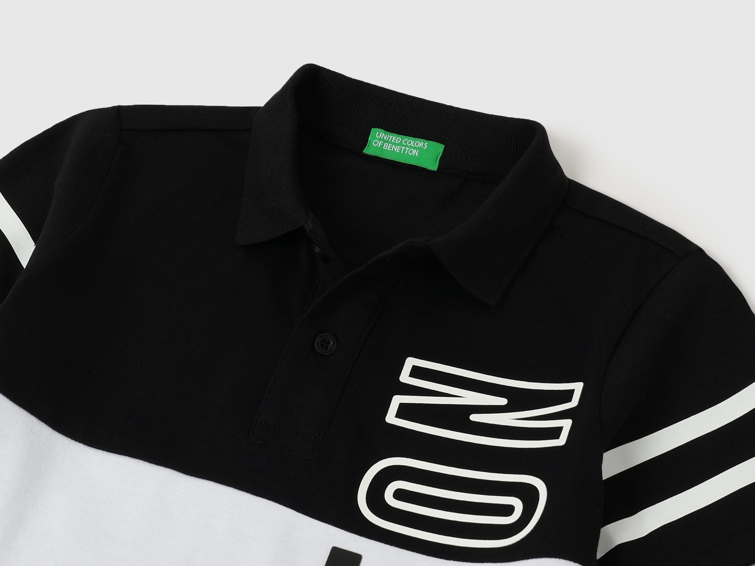 Boys Black Solid Cotton Regular Fit Color Block Polo with Side Print