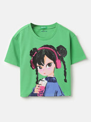 Girls Cotton Pique Cropped Graphic T-Shirt
