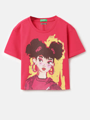 Girls Fuchsia Pique Cropped Cotton Tee – Graphic