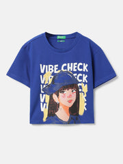 Girls Blue Pique Cropped Cotton Tee – Graphic