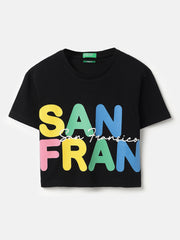 Girls Black City Print Pique Cropped Tee