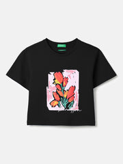 Girls Black Floral Embroidered Pique Crop Tee