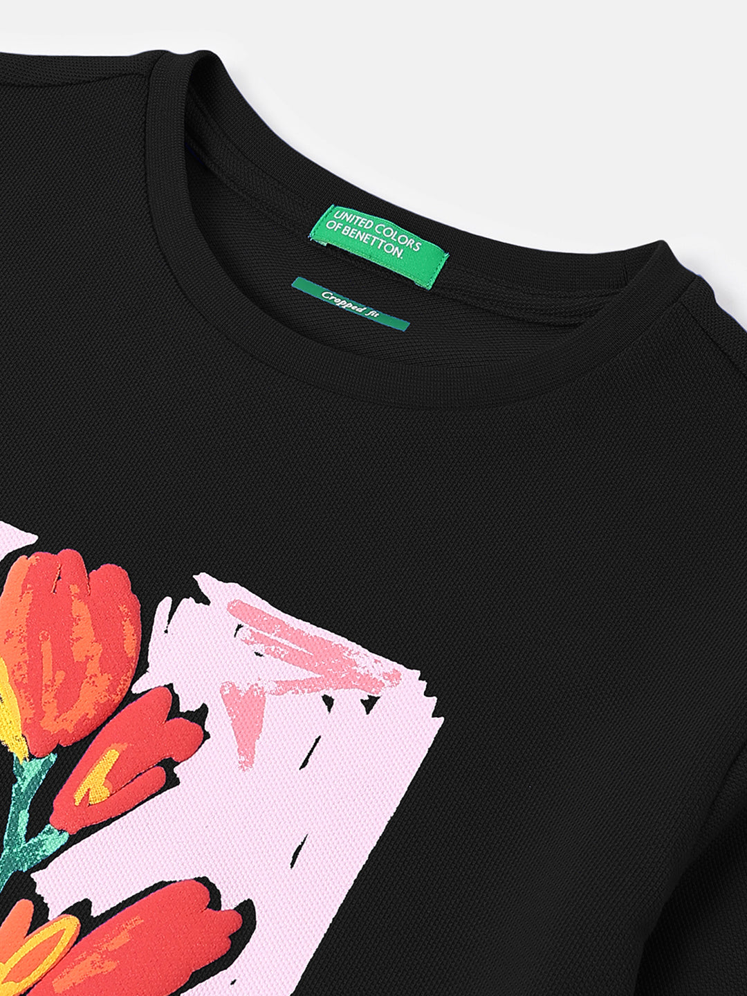 Girls Black Floral Embroidered Pique Crop Tee