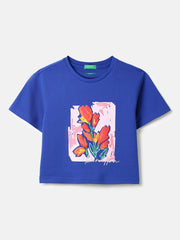 Girls Web Blue Floral Embroidered Pique Crop Tee
