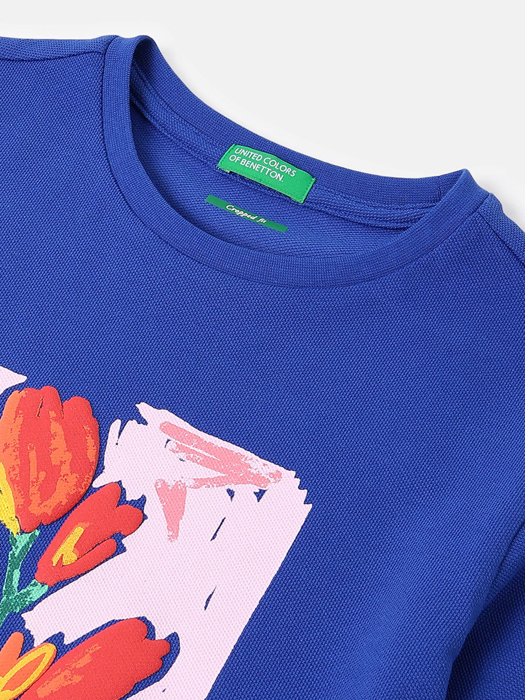Girls Web Blue Floral Embroidered Pique Crop Tee