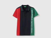 Boys Red Solid Cotton Regular Fit Vertical Color Block Polo with Side Print