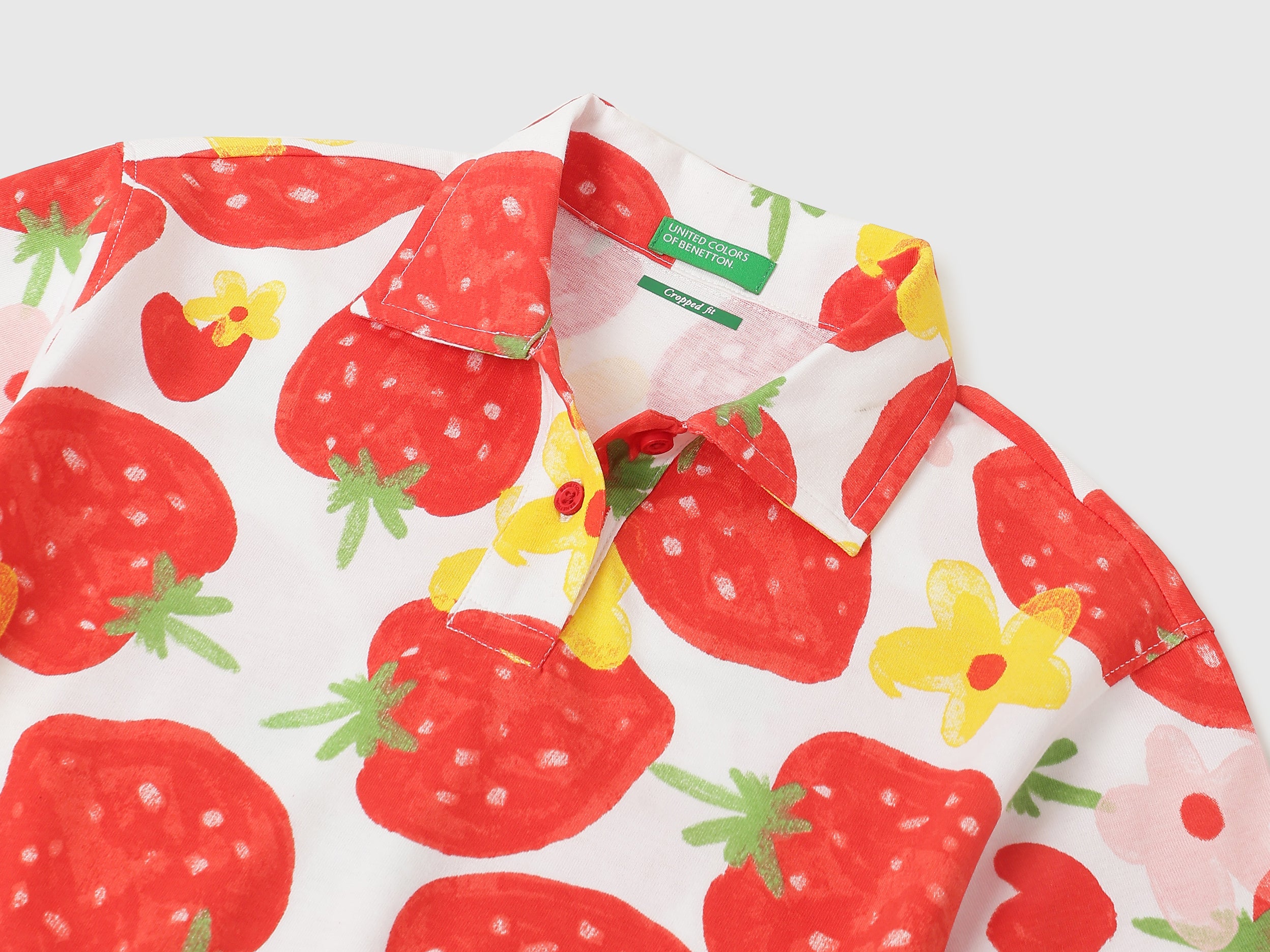 Girls White Fruit Print Cropped Cotton Polo