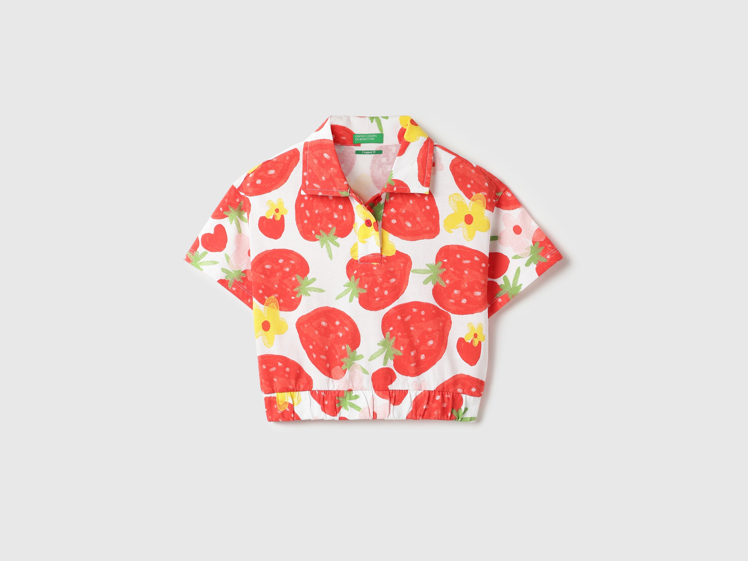 Girls White Fruit Print Cropped Cotton Polo