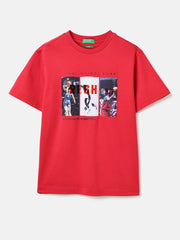 Boys Scarlet Cotton Relaxed Fit Basketball Graphic T Shirt