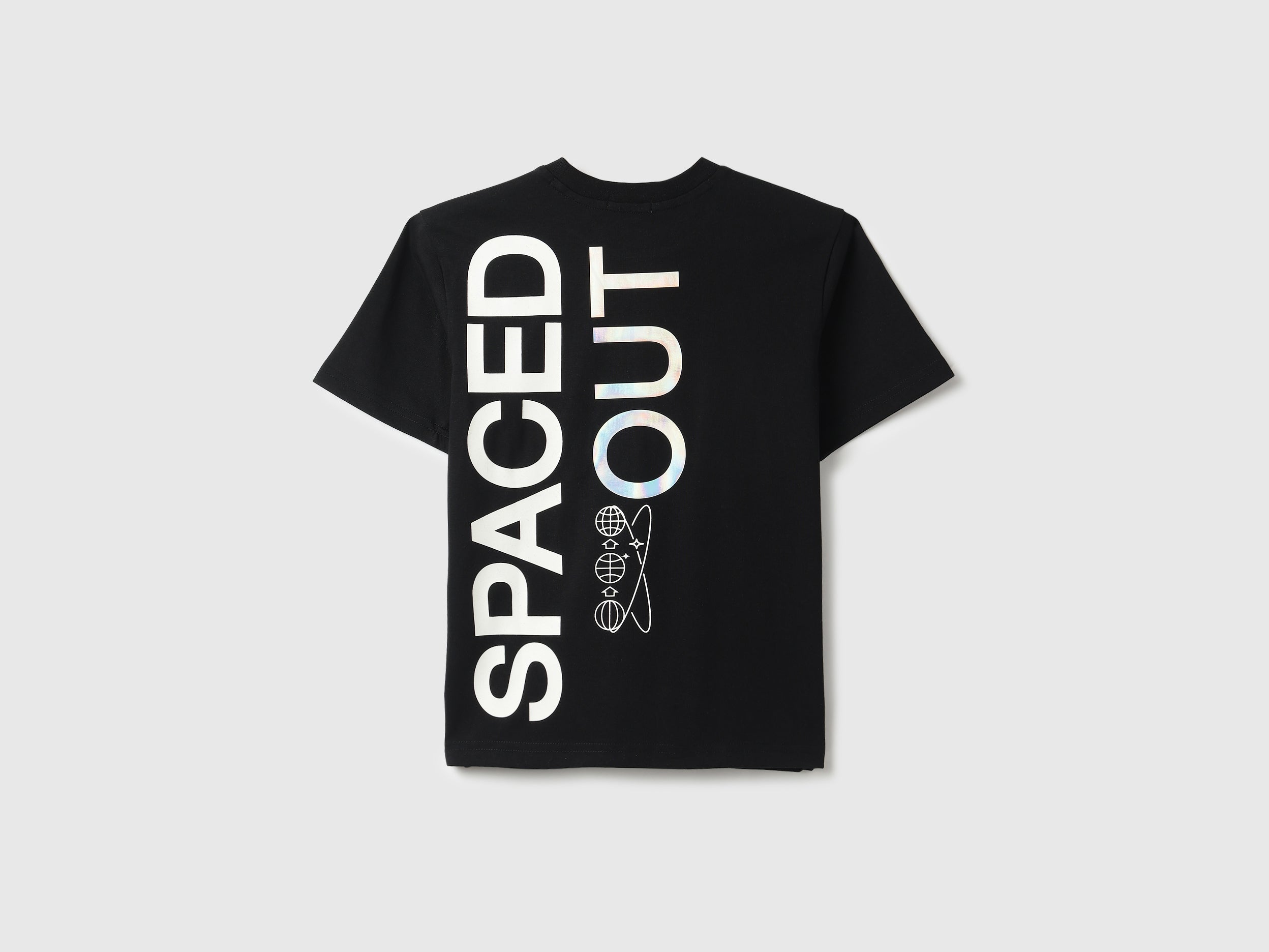 Boys Black Cotton Relaxed Fit Spaced Out Foil Back Print T-Shirt
