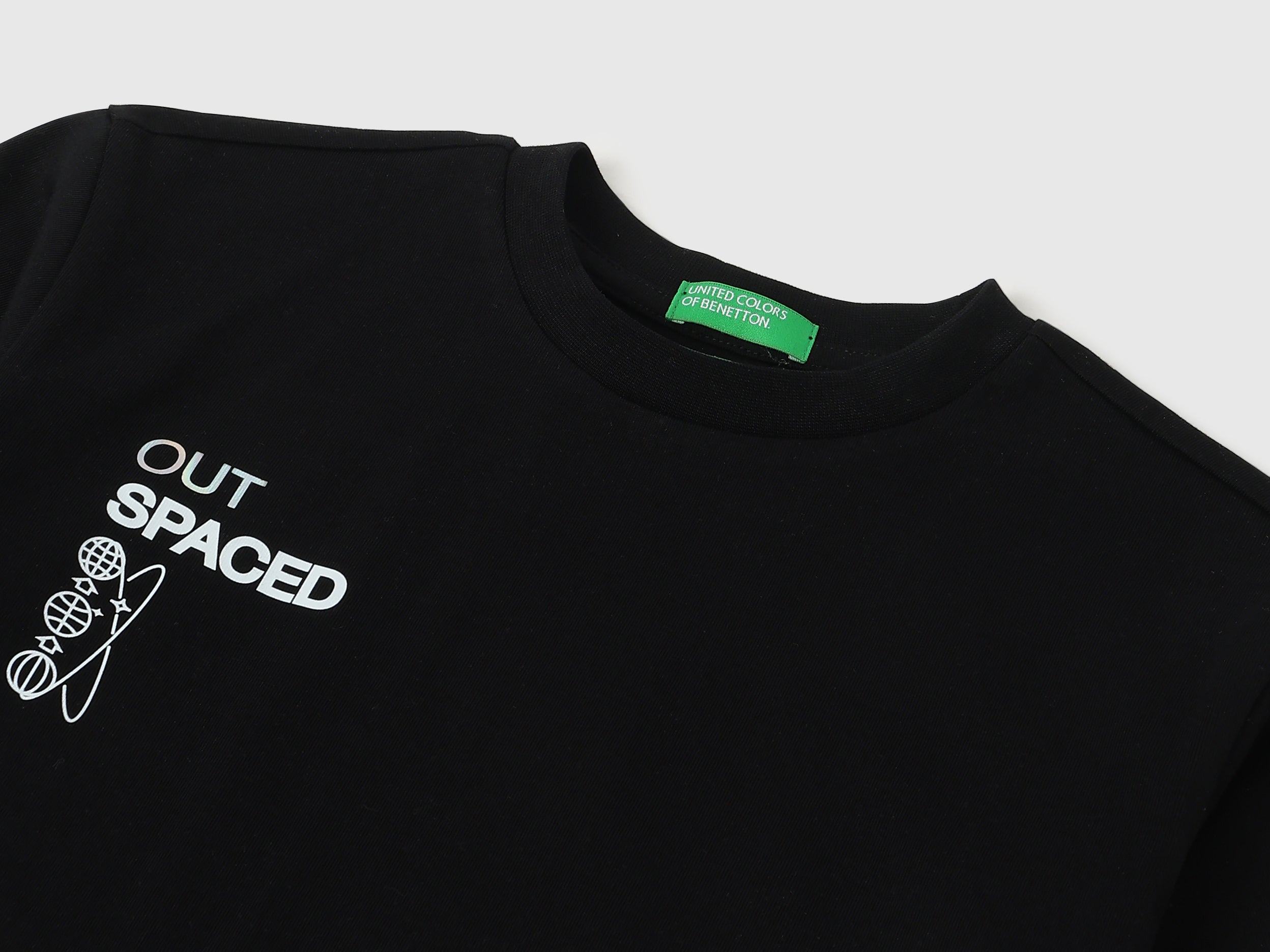 Boys Black Cotton Relaxed Fit Spaced Out Foil Back Print T-Shirt