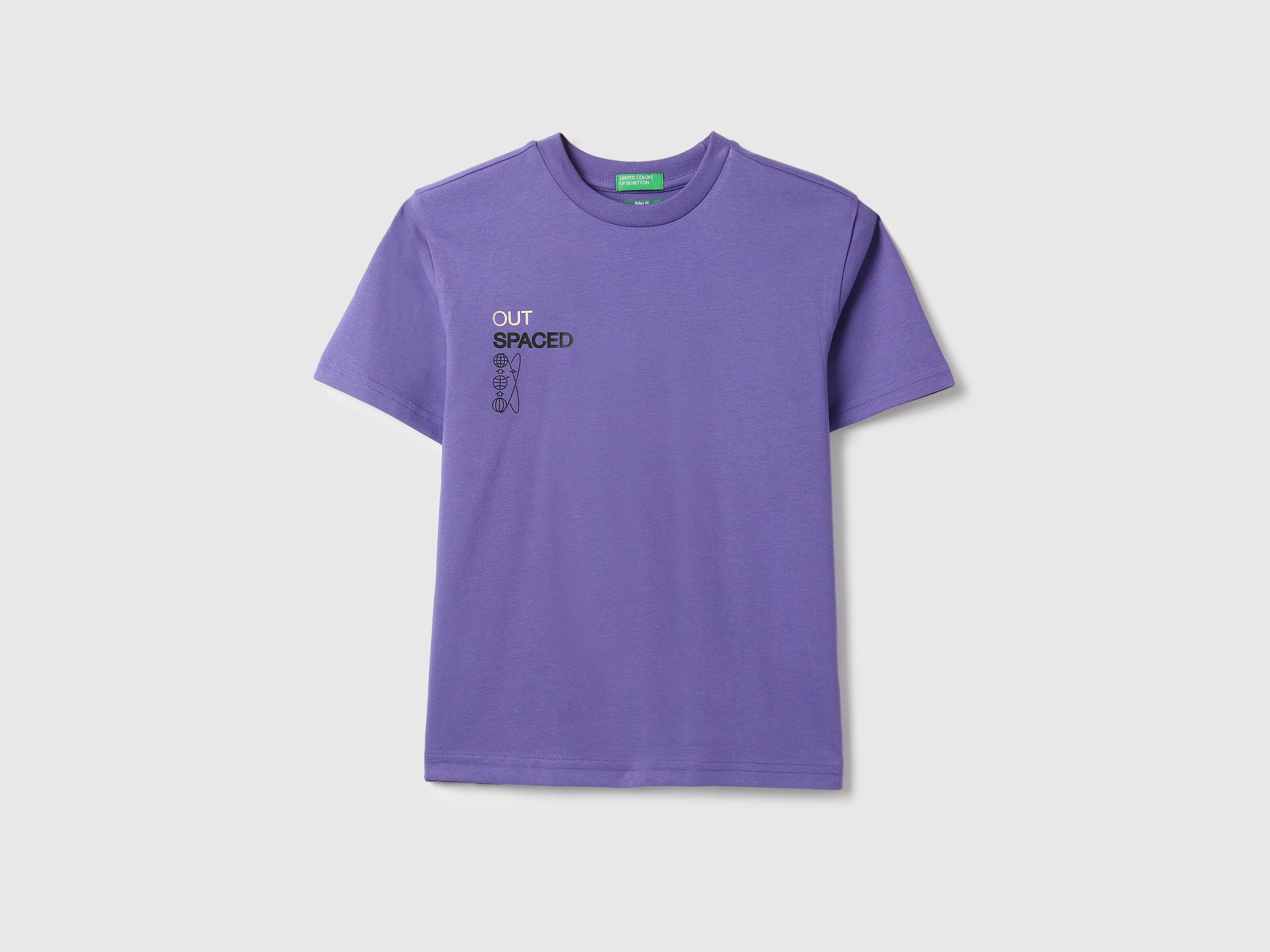 Boys Purple Cotton Relaxed Fit Spaced Out Foil Back Print T-Shirt