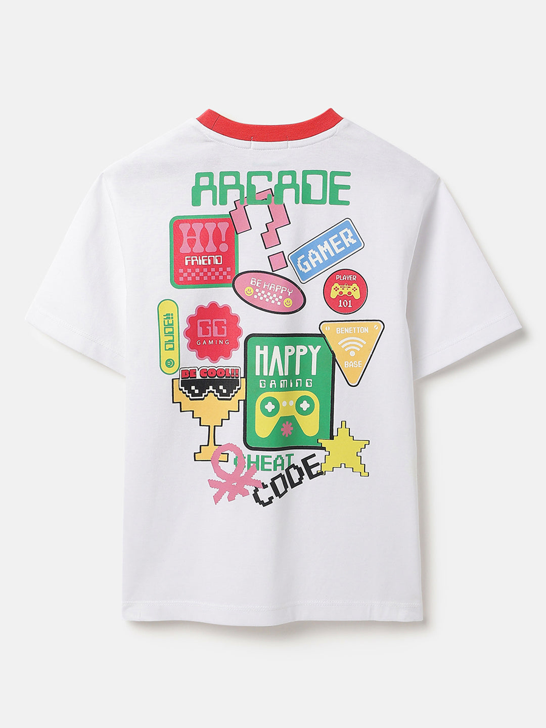 Boys White Cotton Relaxed Fit Back Badges Print T-Shirt