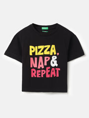 Girls Black Message Pique Cropped Tee