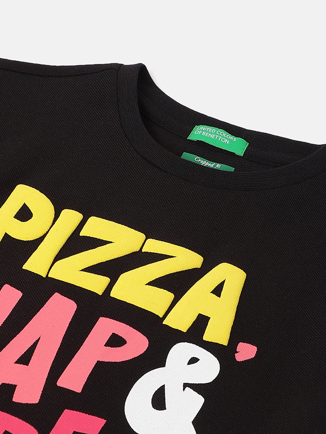 Girls Black Message Pique Cropped Tee