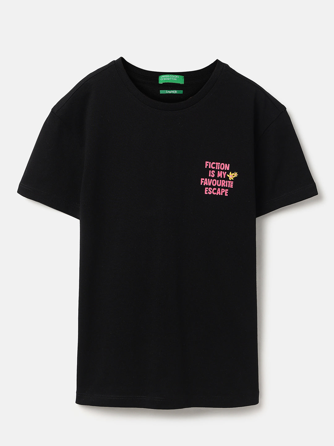 Girls Black Fiction Print Cotton Longline Tee