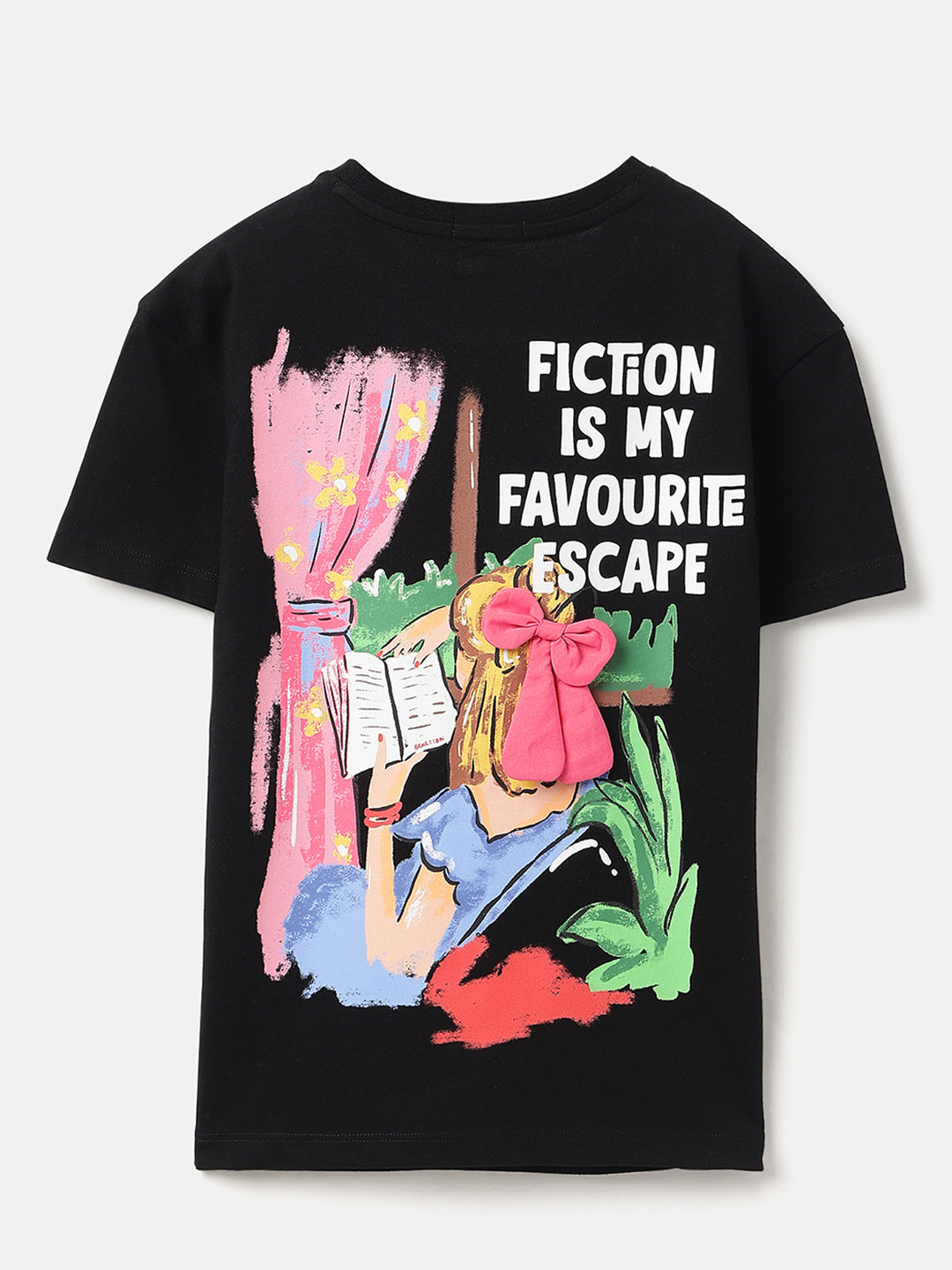 Girls Black Fiction Print Cotton Longline Tee