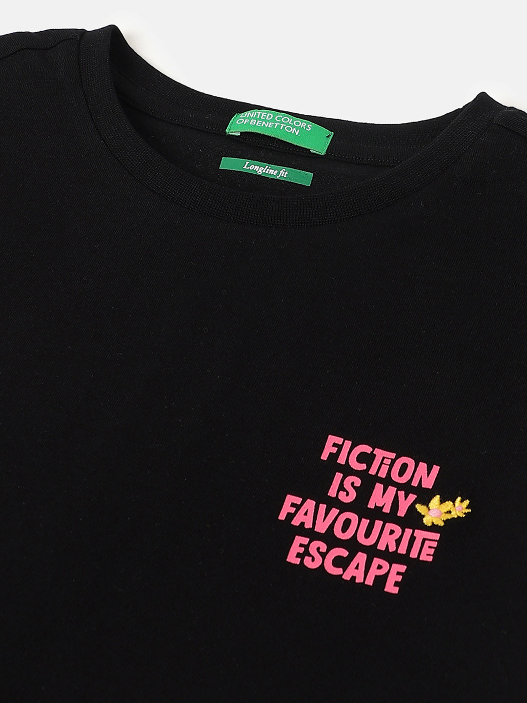 Girls Black Fiction Print Cotton Longline Tee
