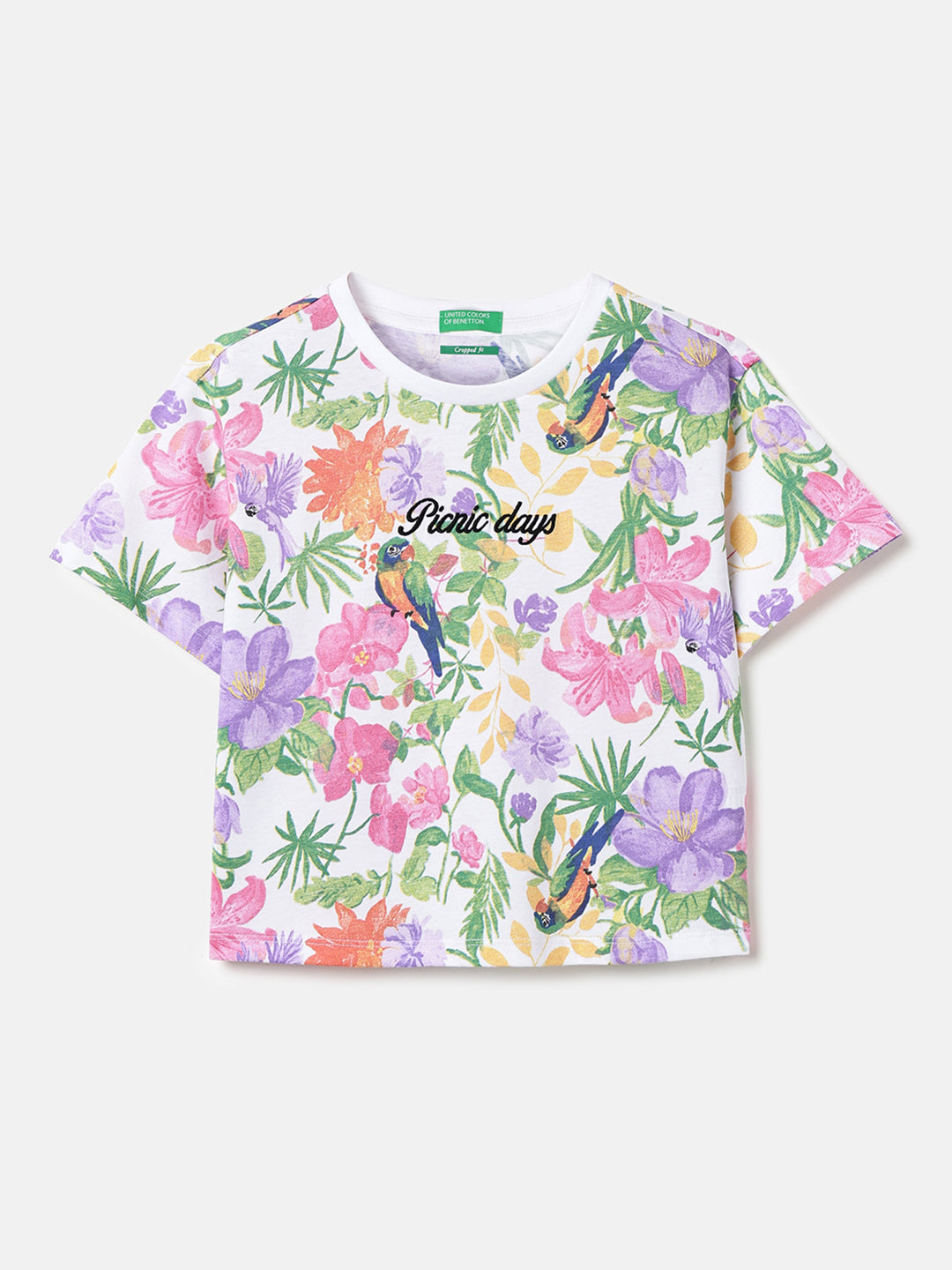 Girls Cotton Floral AOP Cropped T-Shirt